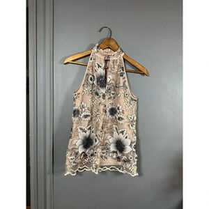 Drew Sheer Overlay Embroidered Blouse‎ Sequin Size XS Nude Navy Scalloped